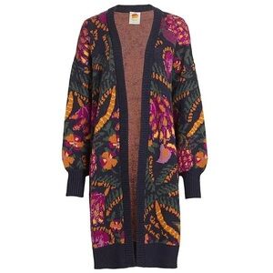 Farm Rio Long Cardigan Brazil Flowerdoscopic Oversized Blue Wool XL